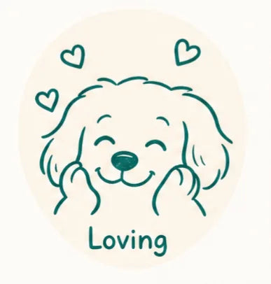 Ilustração de cachorro sorrindo com corações e a palavra Loving