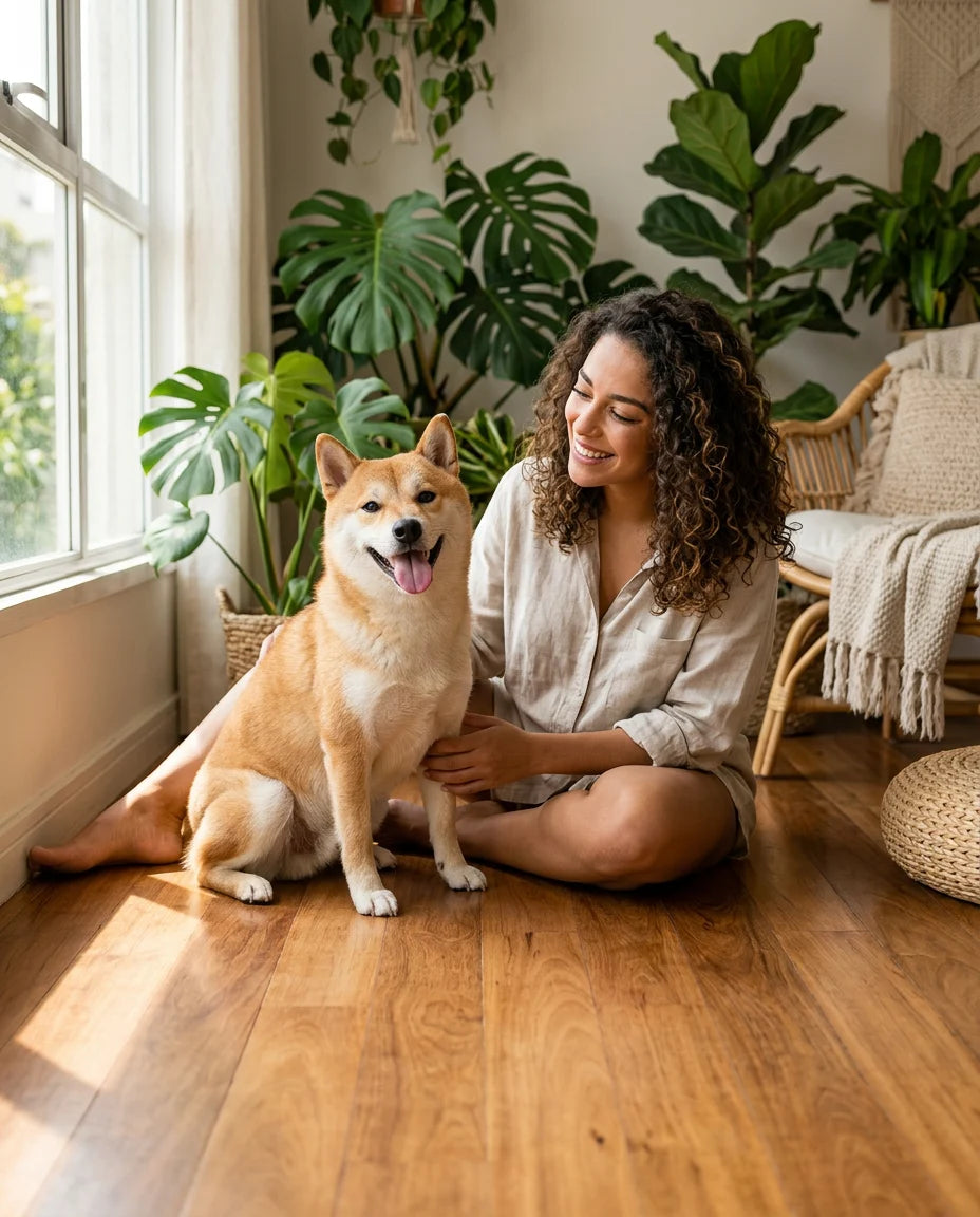 Tutora sentada em casa ao lado do seu cachorro