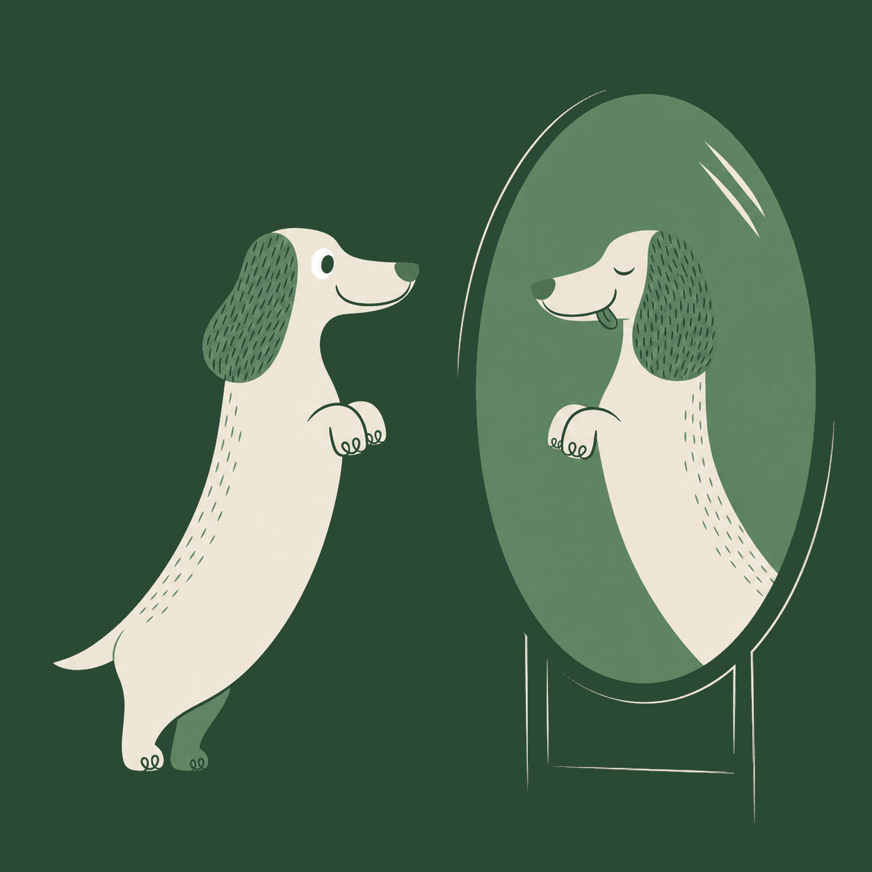 Ilustração de um dachshund diante do espelho