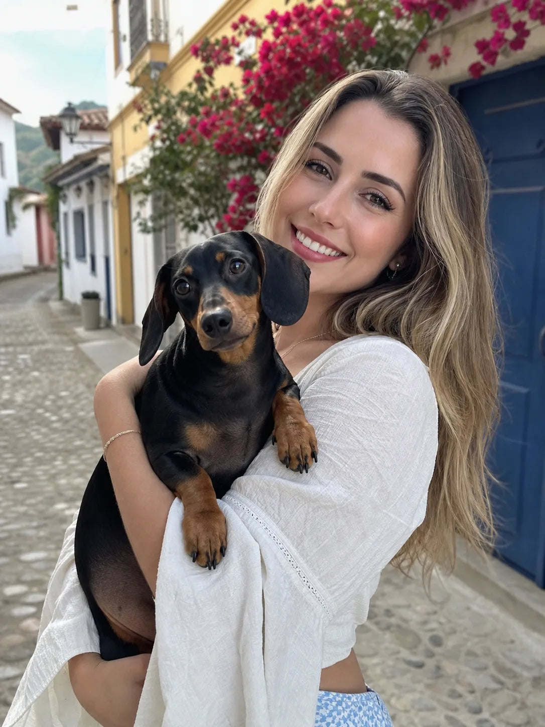 Embaixadora bollball sorrindo com seu cachorro