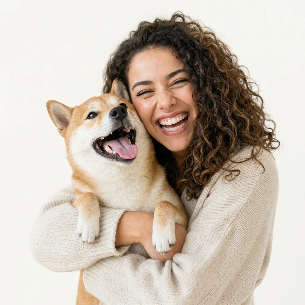 Tutora sorrindo ao lado do seu cachorro