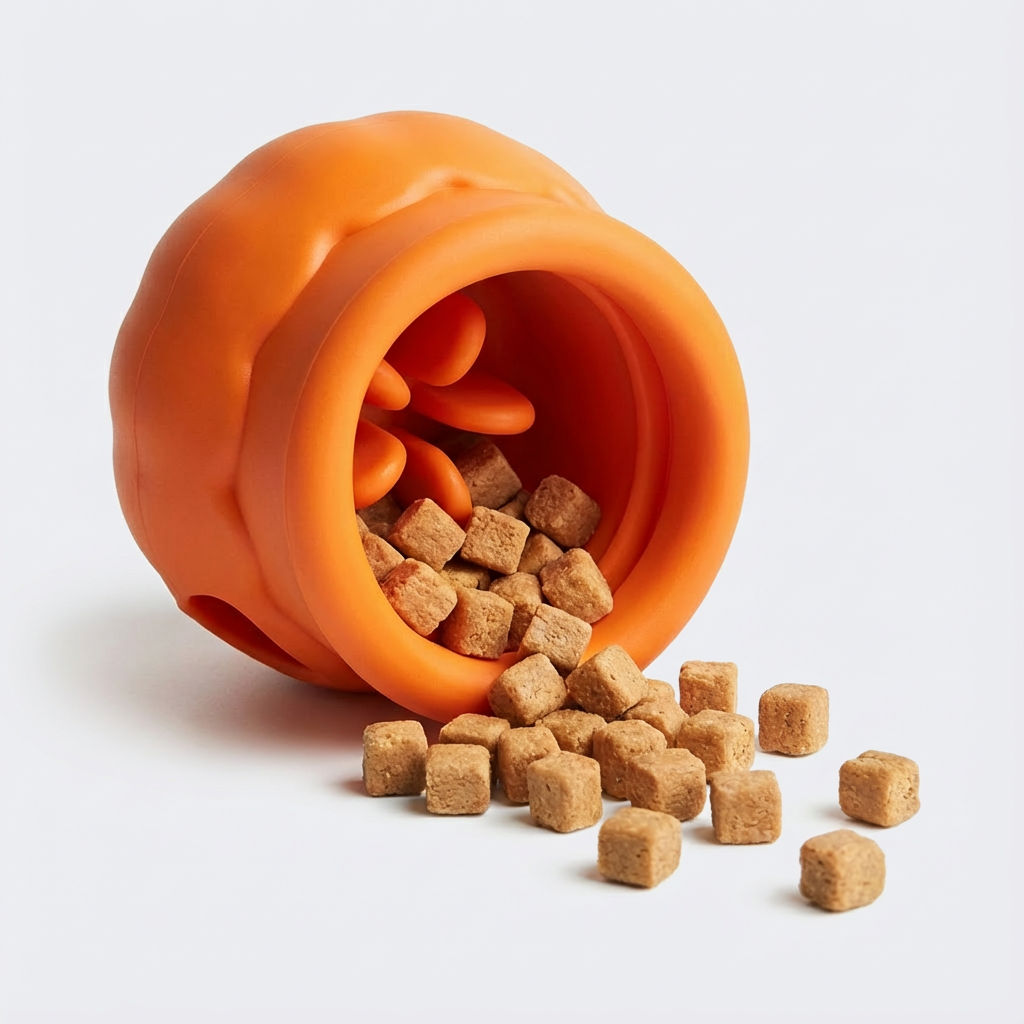 bollball laranja preenchido com alimento em fundo claro